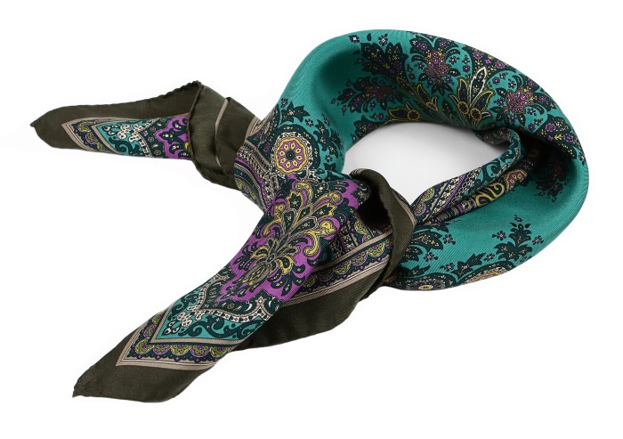 Green silk scarf with rich purple-yellow oriental pattern ASS0032b22
