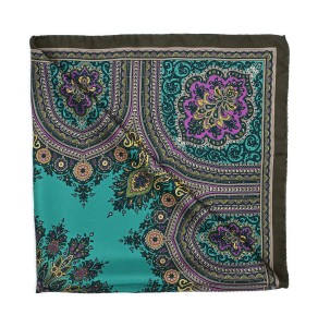 Green silk scarf with rich purple-yellow oriental pattern