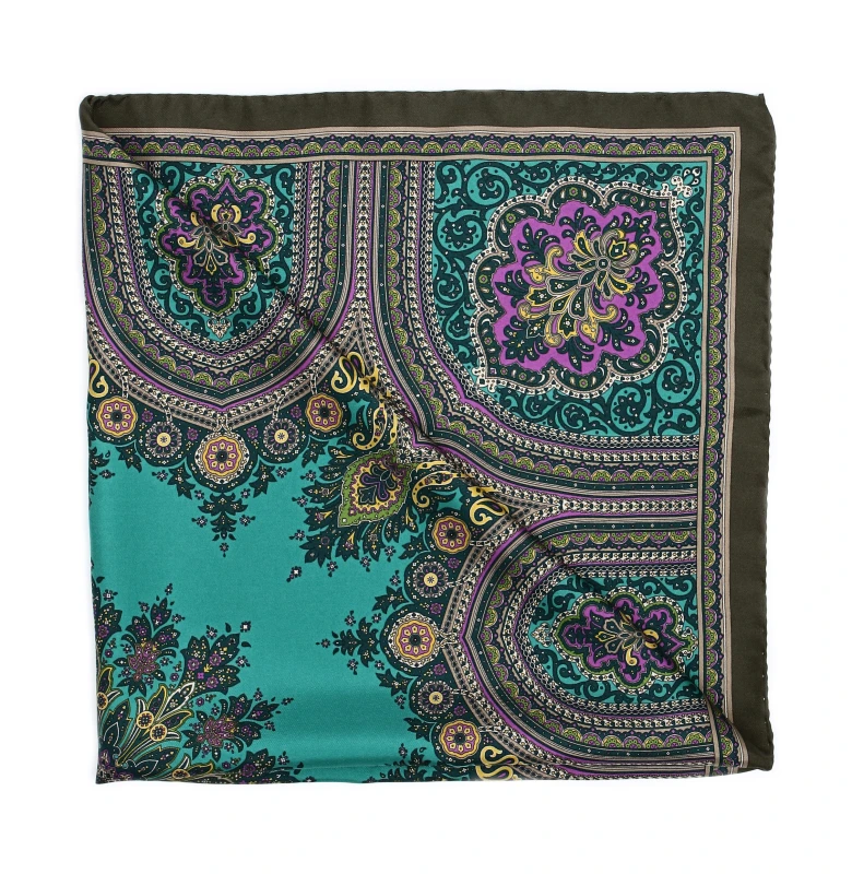 Green silk scarf with rich purple-yellow oriental pattern
