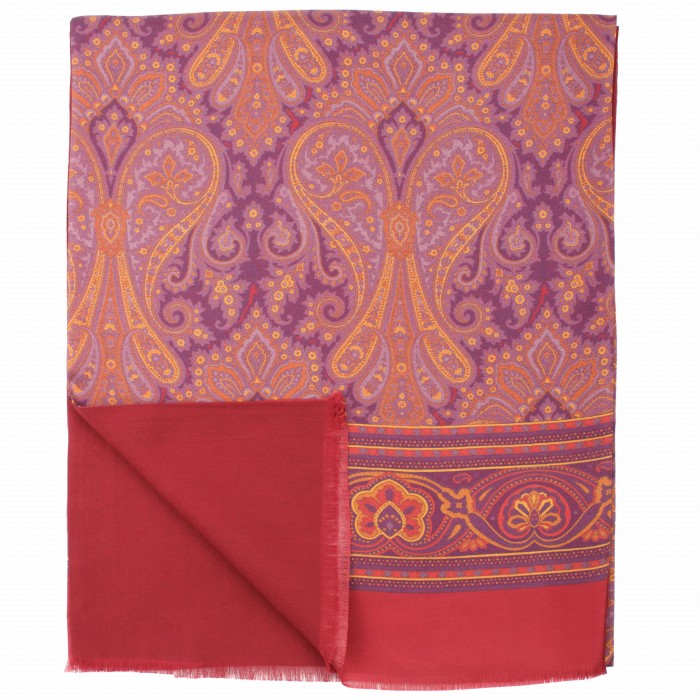 Raspberry coloured scarf with large paisley pattern and burgundy wool lining SSWT4129a.jpg