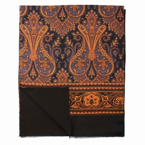 Black scarf with large orange paisley pattern and wool lining SSWT4123a.jpg