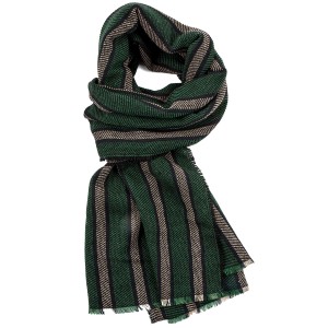 Green scarf with black and beige stripes, made from warm Italian wool interwoven with black thread