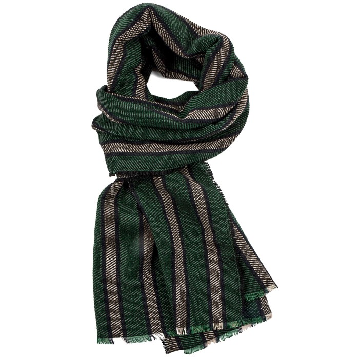 Green scarf with black and beige stripes, made from warm Italian wool interwoven with black thread