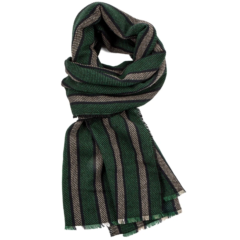 Green scarf with black and beige stripes, made from warm Italian wool interwoven with black thread