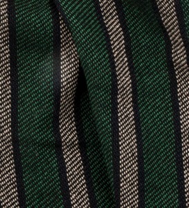 Green scarf with black and beige stripes, made from warm Italian wool interwoven with black thread - fabrics texture