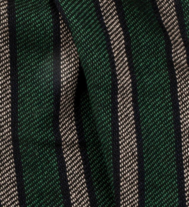 Green scarf with black and beige stripes, made from warm Italian wool interwoven with black thread - fabrics texture