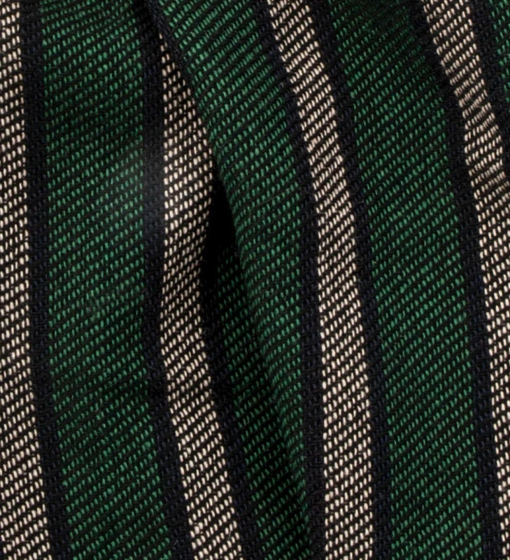 Green scarf with black and beige stripes, made from warm Italian wool interwoven with black thread - fabrics texture