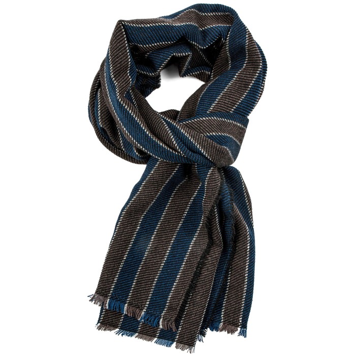 Brown scarf with navy blue and white stripes made of warm Italian wool with black thread