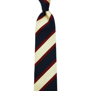 Silk jacquard tie in beige and navy blue, with alternating dark red stripes