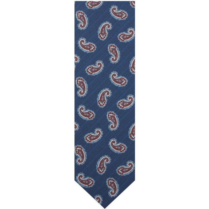 Navy blue silk tie with a maroon paisley pattern