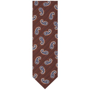 Brown silk tie with a navy paisley pattern