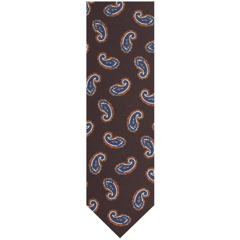 Brown silk tie with a navy paisley pattern
