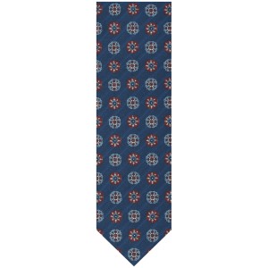 Navy blue silk tie with red and blue rosettes