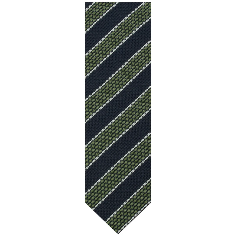 Navy silk grenadine tie with green and white stripes