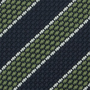 Navy silk grenadine tie with green and white stripes KSG4345a.jpg