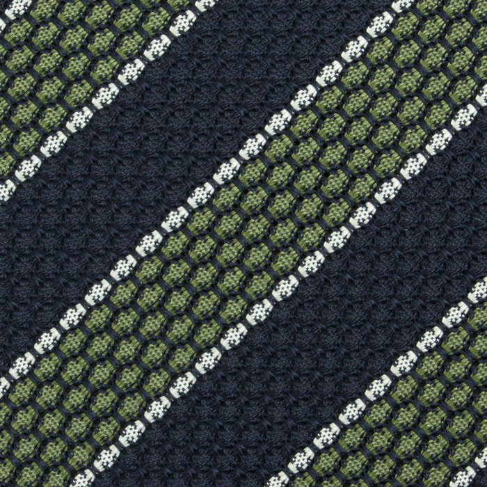 Navy silk grenadine tie with green and white stripes KSG4345a.jpg