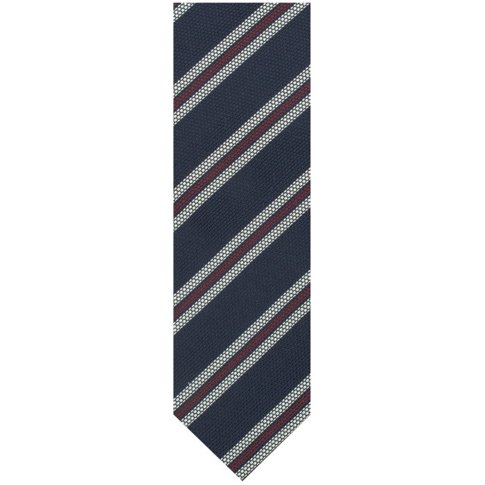 Navy blue grenadine silk tie with red and white stripes