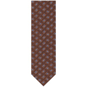 Brown silk tie featuring a geometric pattern in brown, navy, and white tones