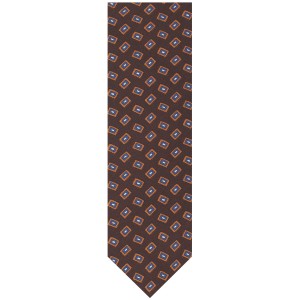 Dark brown silk tie with a geometric pattern in shades of brown, navy, and white