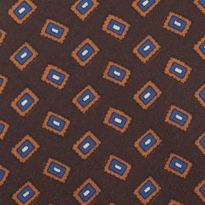 Dark brown silk tie with a geometric pattern in shades of brown, navy, and white KST4341a.jpg