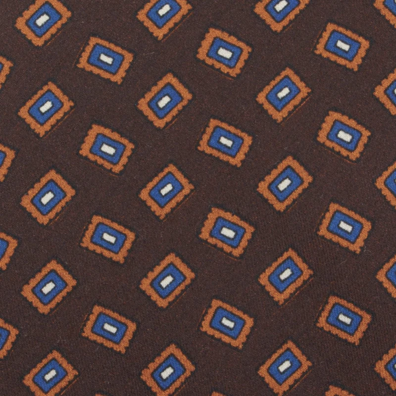 Dark brown silk tie with a geometric pattern in shades of brown, navy, and white KST4341a.jpg