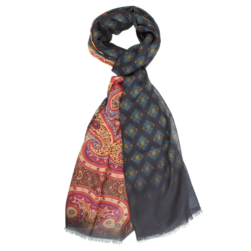 Large, lightweight wool scarf combining two patterns – red oriental and purple with medallions
