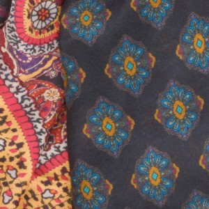 Large, lightweight wool scarf combining two patterns – red oriental and purple with medallions - pattern