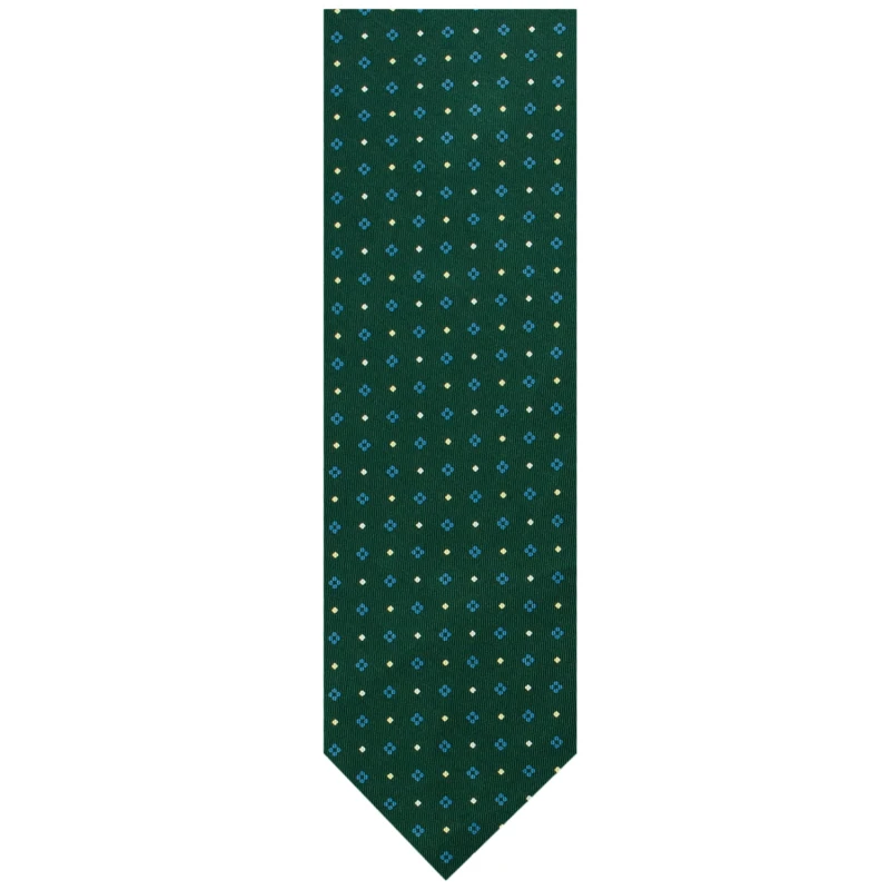 Silk tie printed in green with a small blue and yellow pattern