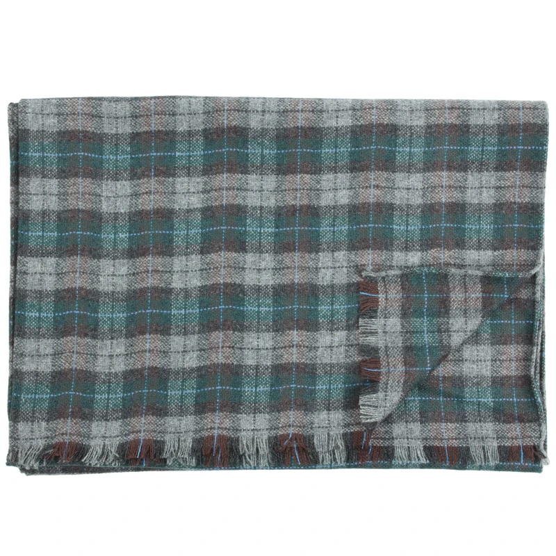 Elegancki szaro-zielony szalik kaszmirowy w klasyczną kratkę