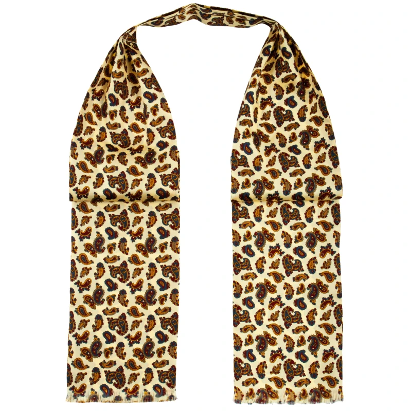 Yellow and beige silk ascot with a colorful paisley pattern FS1907.jpg
