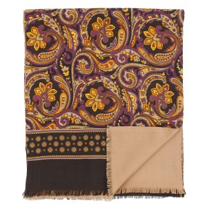 Dark brown wool scarf with a floral pattern, made with cashmere and silk, finished with a wool lining