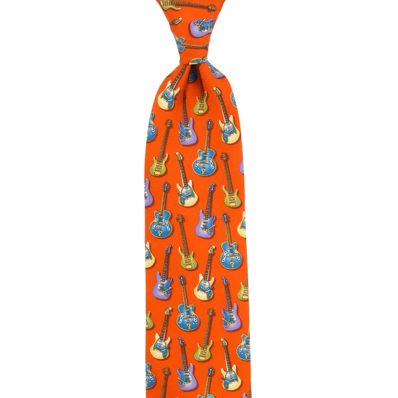 Dark orange silk tie with guitars KST4372.jpg