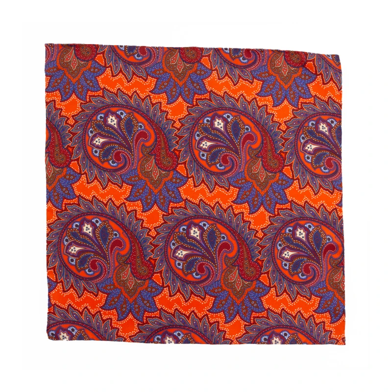Printed silk pocket square in paisley - orange, blue and red, flat view