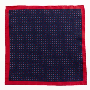 Navy silk pocket square with small flowers and red border, flat view