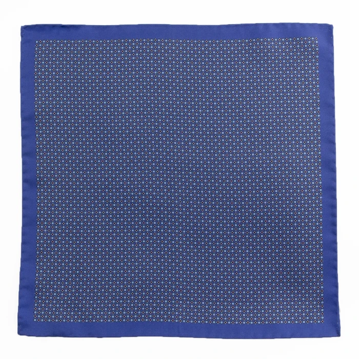 Blue silk pocket square with a fine geometric pattern, flat view