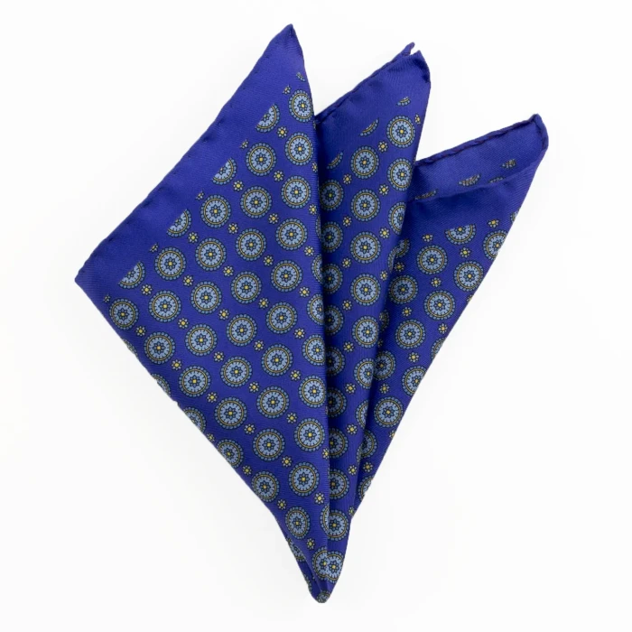 Printed silk pocket square with medallions - blue, light blue and gold, folded into a point