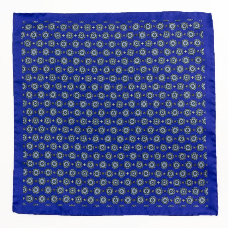 Blue silk pocket square with medallions in light blue and gold, flat view