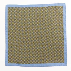 Yellow silk pocket square with a fine geometric pattern and blue border, flat view