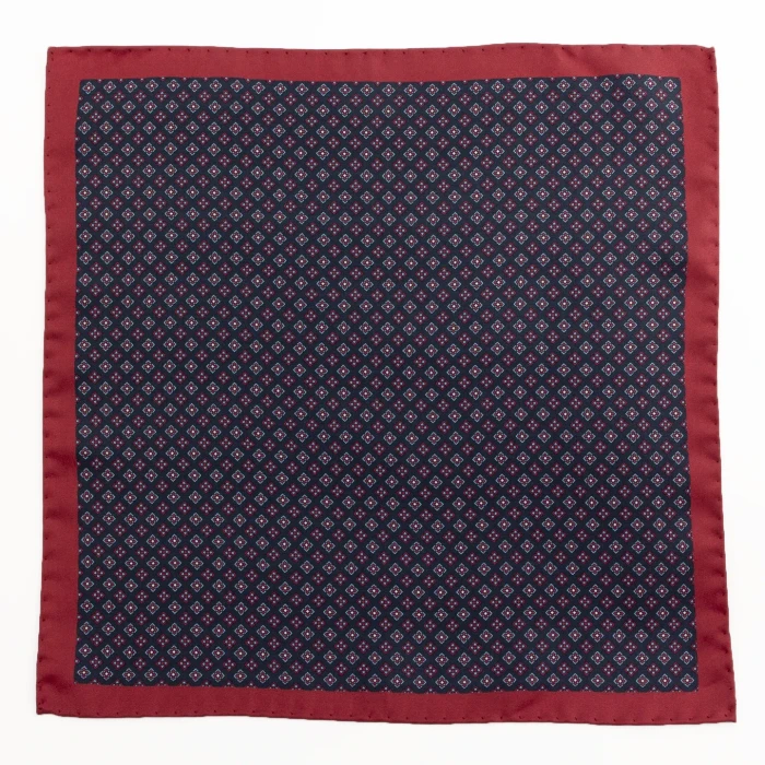 Navy silk pocket square with a fine geometric pattern and burgundy border, flat view