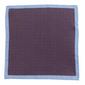 Navy silk pocket square with a fine geometric pattern and blue border, flat view