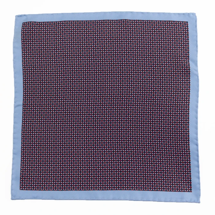 Navy silk pocket square with a fine geometric pattern and blue border, flat view