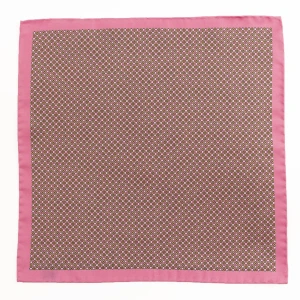 Pink silk pocket square with a fine geometric pattern, flat view