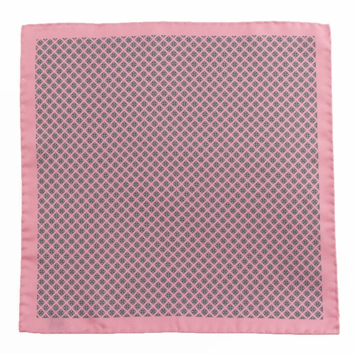 Pink silk pocket square with geometric rosettes and navy, flat view