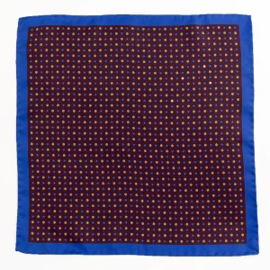 Burgundy silk pocket square with small flowers and blue border, flat view