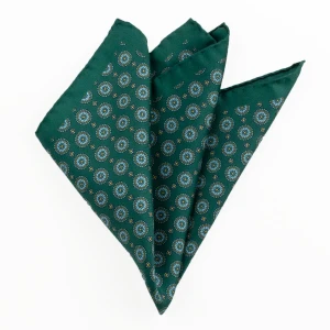 Printed silk pocket square with medallions - bottle green, light blue and gold, folded into a point