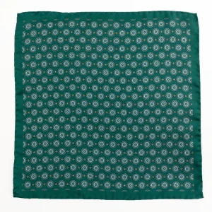 Green silk pocket square with medallions in light blue and gold, flat view