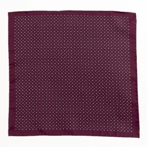 Burgundy silk pocket square with small medallions in violet and gold, flat view
