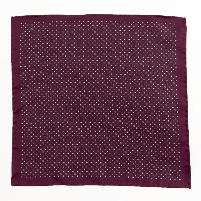 Burgundy silk pocket square with small medallions in violet and gold, flat view