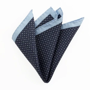 Printed silk pocket square with small rosettes - navy and blue, folded into a point