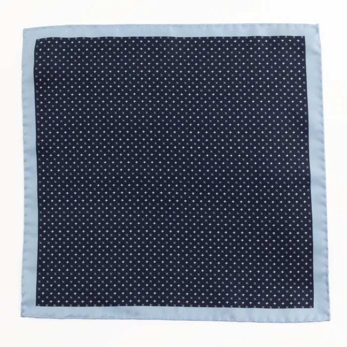 Navy silk pocket square with small rosettes and blue border, flat view